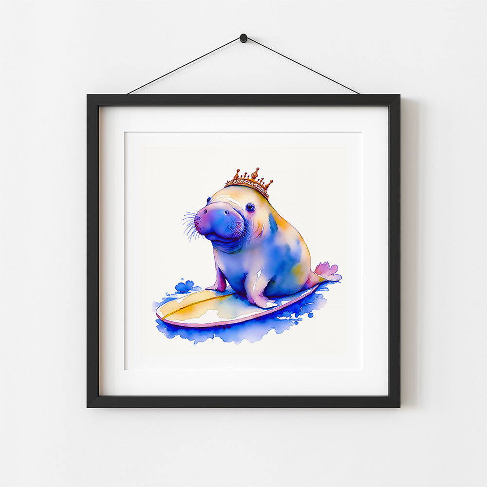 ’Manatee Morning’ Original Watercolor Style Manatee Coastal Wall Art 8X8 Print