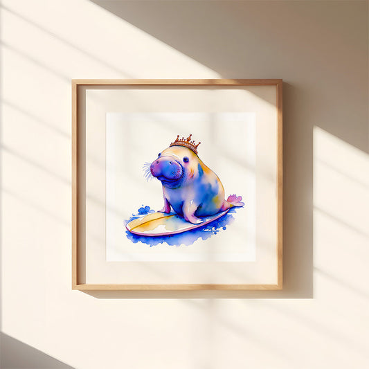 ’Manatee Morning’ Original Watercolor Style Manatee Coastal Wall Art 12X12 Print