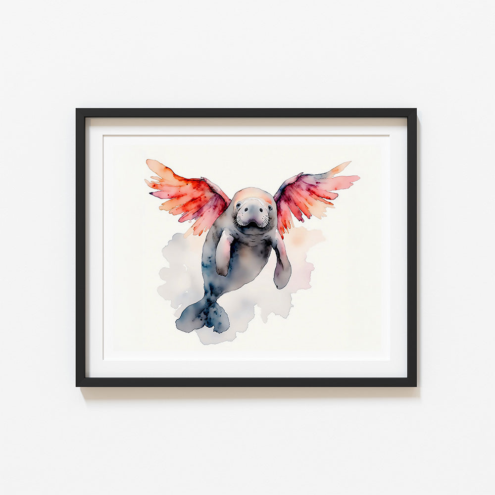 ’Manatee In Flight’ Whimsical Coastal Manatee Wall Art Print Home Decor 14 X 11
