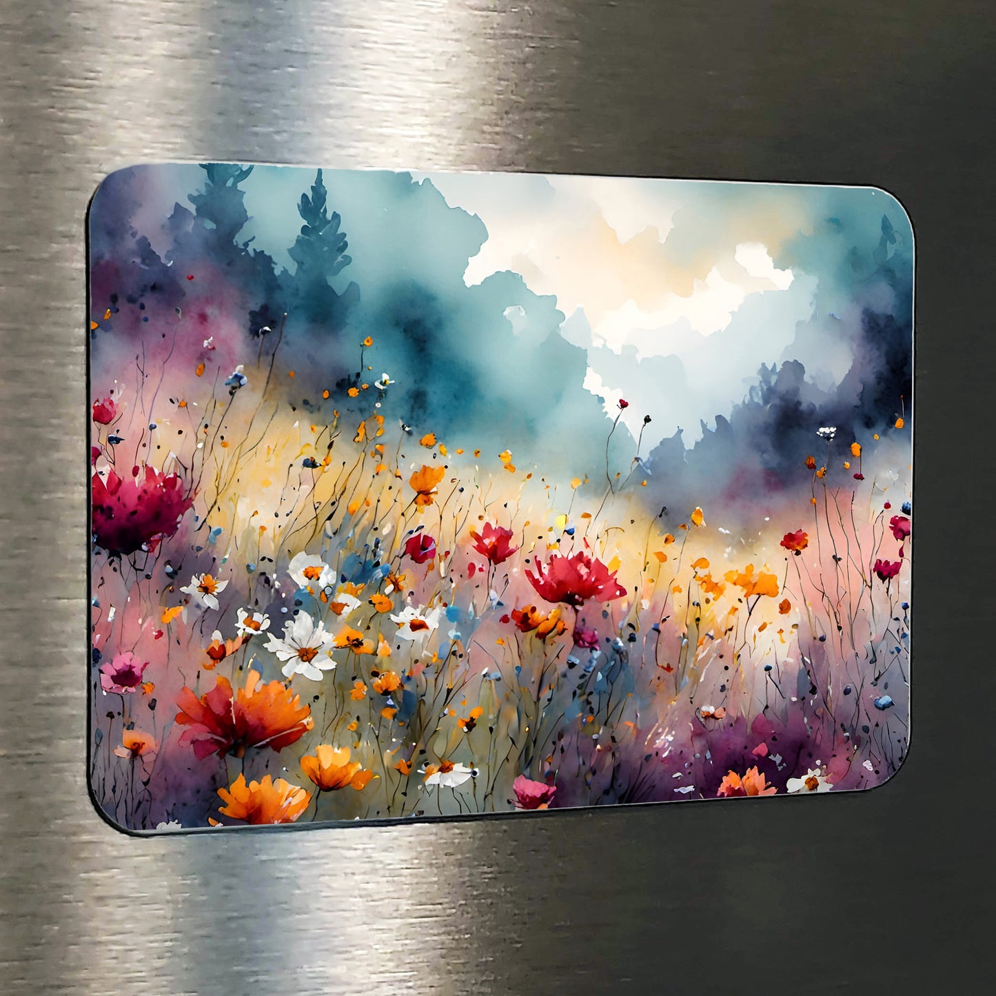 Meadow Floral Mountains Landscape Original Art Print Home Decor Wall Art Watercolor-Style with Vibrant Colors
