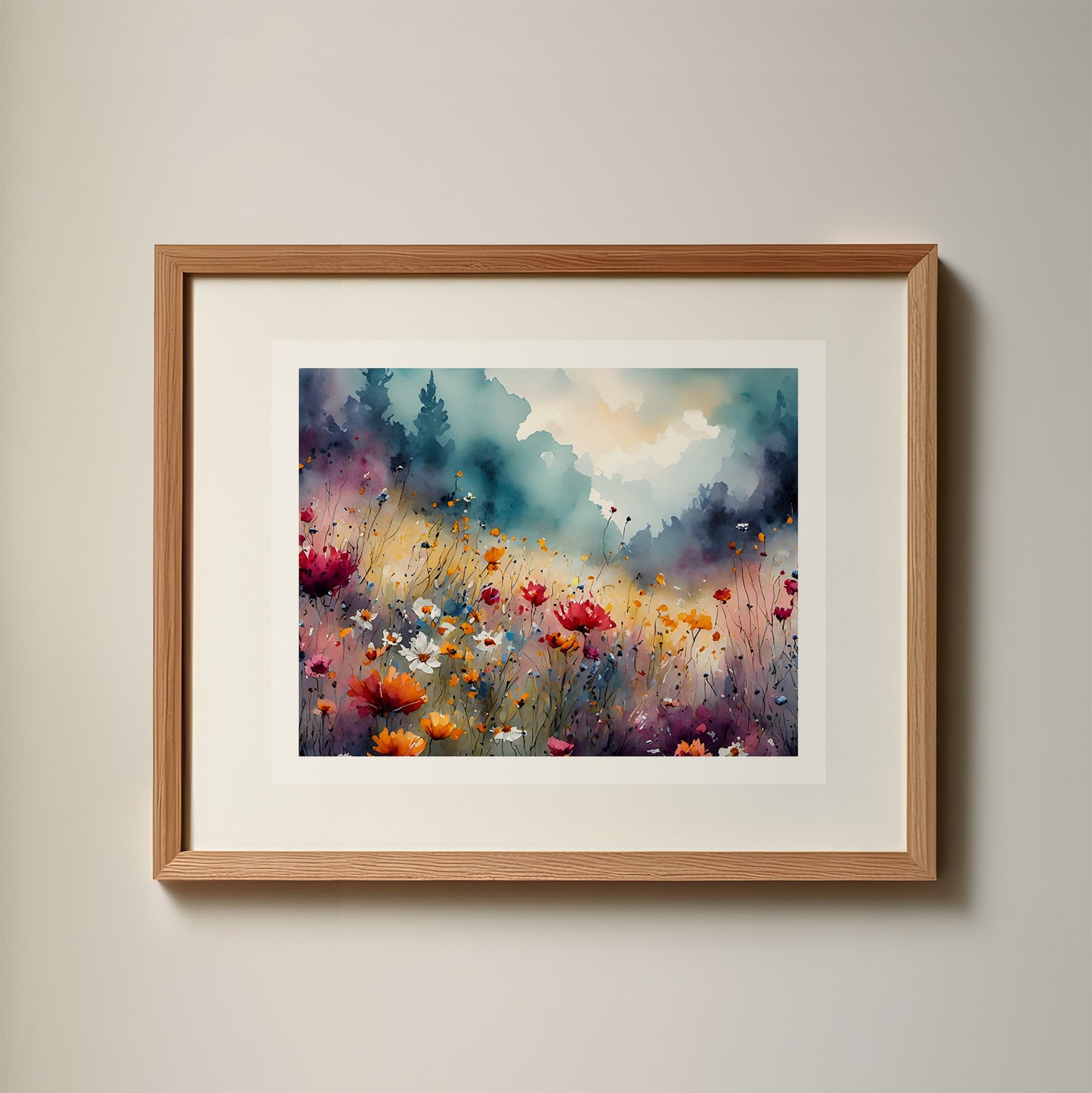 "Meadow" Floral Mountains Landscape Original Art Print Home Decor Wall Art Watercolor-Style with Vibrant Colors