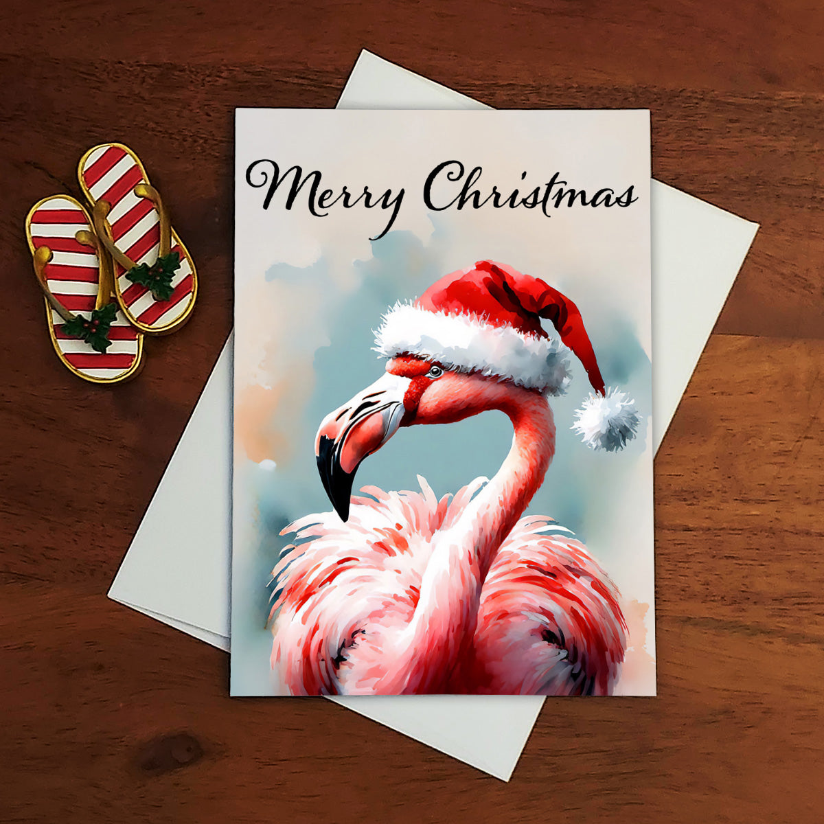 Merry Flamingo Watercolor-Style Christmas Flamingo Art
