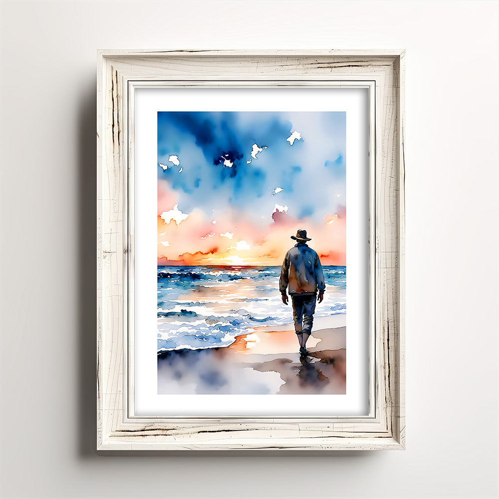 Mulligan Watercolor-Style Coastal Beach Man Art