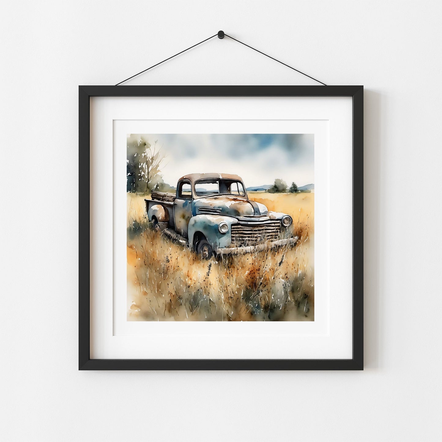 ’Out To Pasture’ Original Rural Farm Truck Art Print 8X8 Home Decor Watercolor Style Wall With