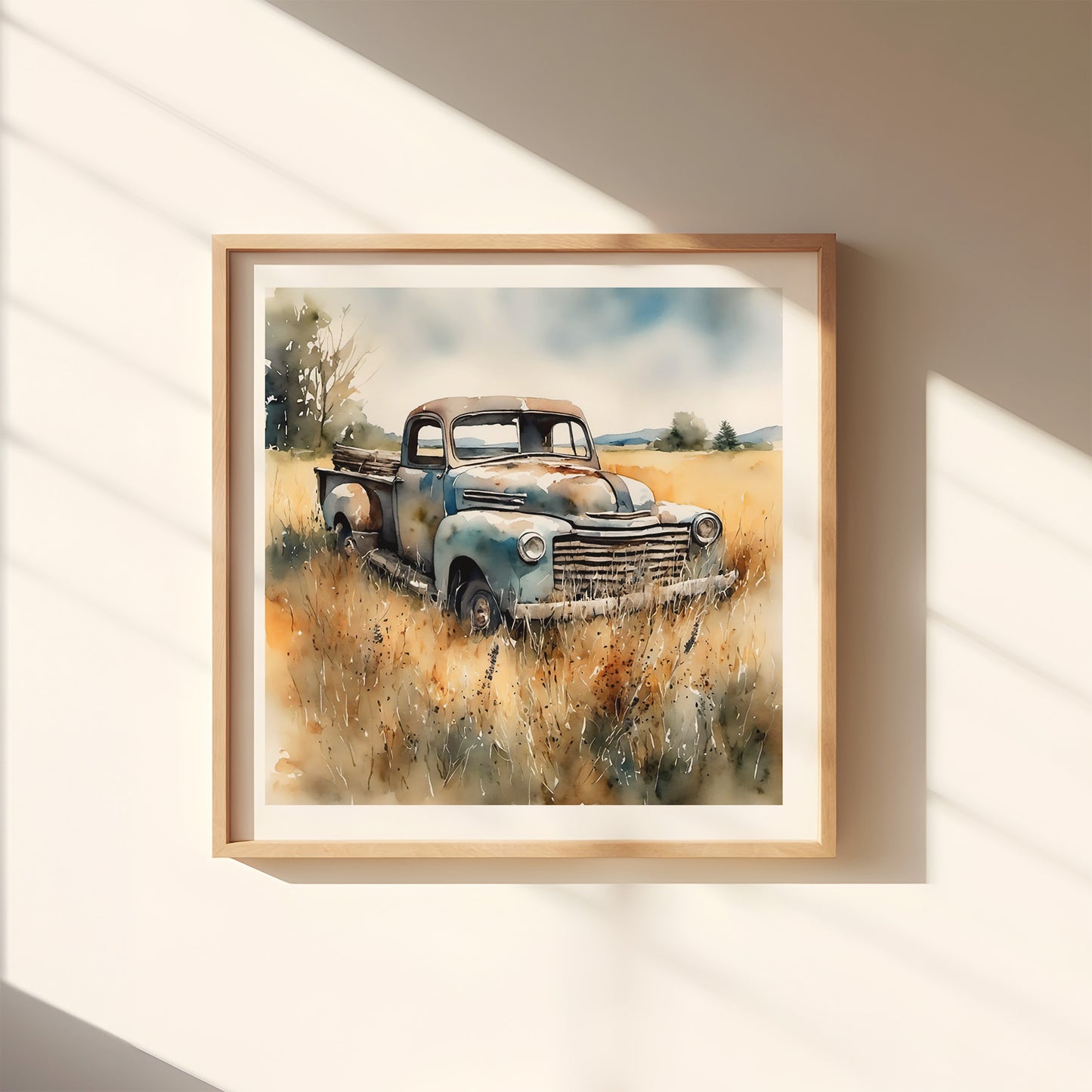 "Out to Pasture" Original Rural Farm Truck Art Print Home Decor Watercolor Style Wall Art with Muted Colors