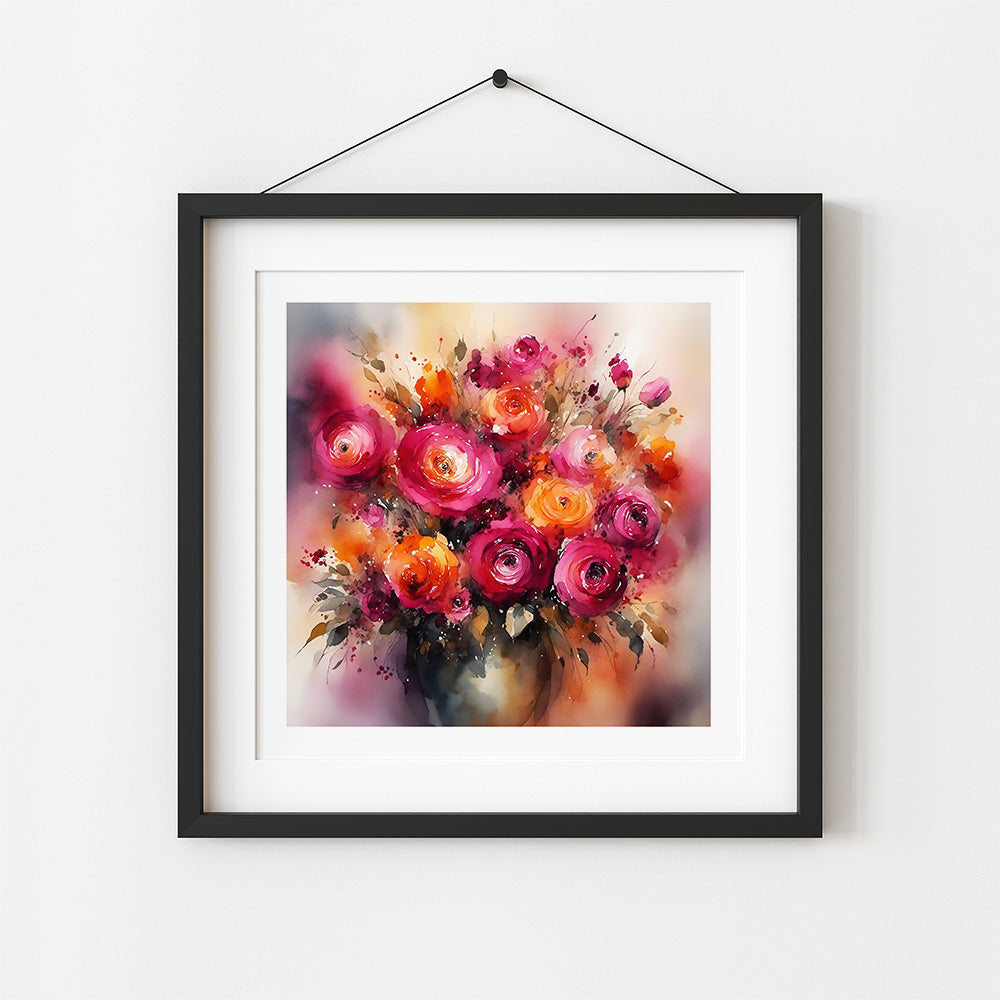 ’Radiant Blooms’ Vibrant Floral Original Art Print Home Decor Watercolor Style Wall 8X8