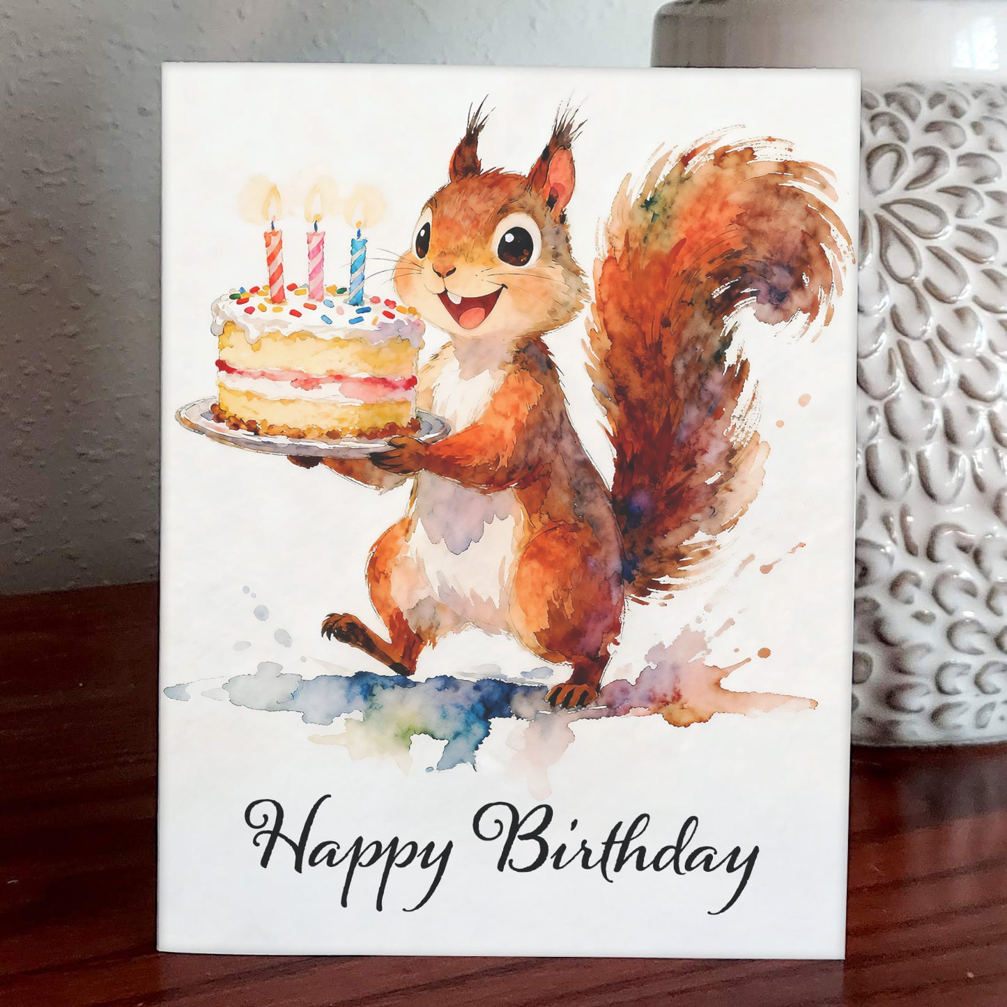 Squirrely Birthday Watercolor-Style Squirrel Birthday Art