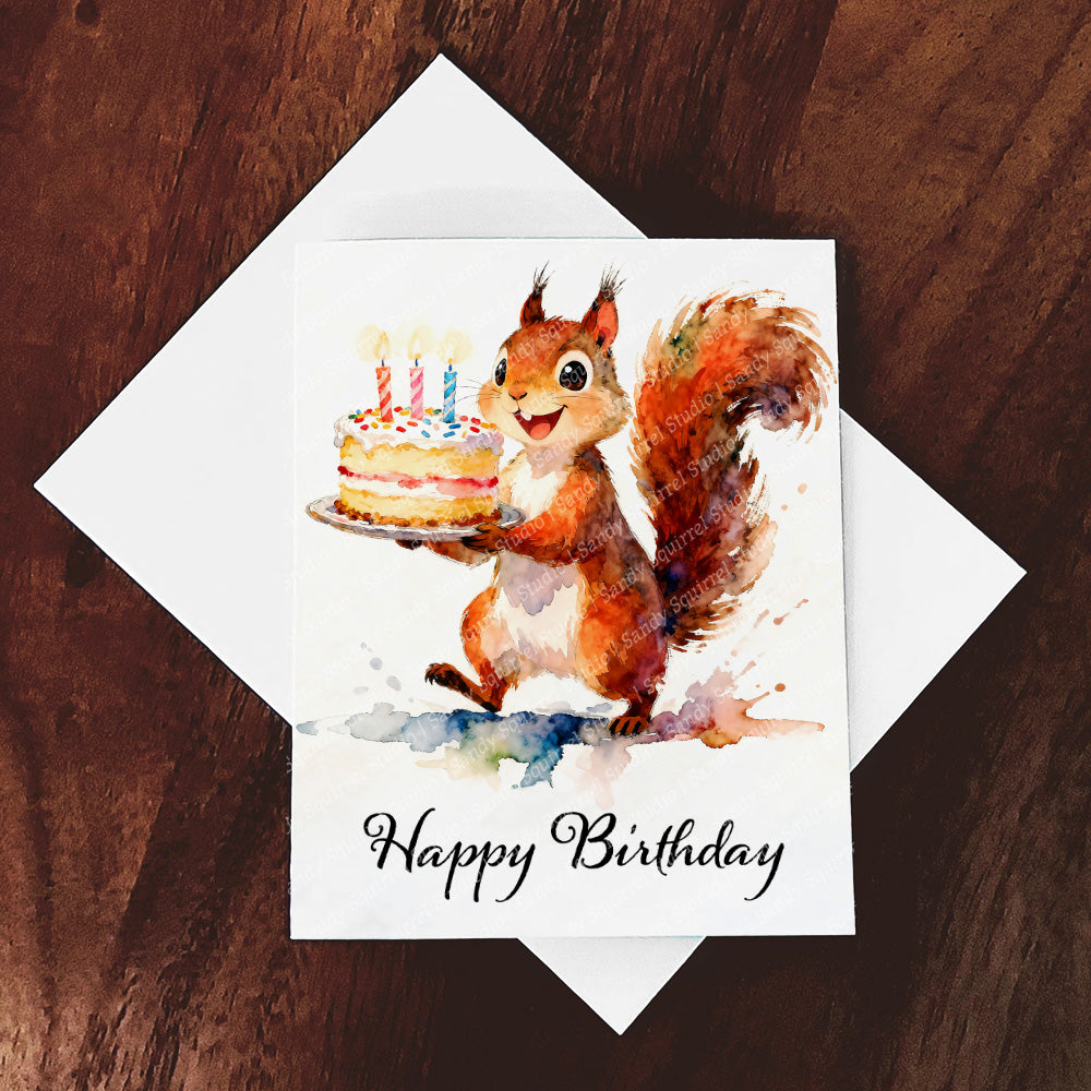 Squirrely Birthday Watercolor-Style Squirrel Birthday Art