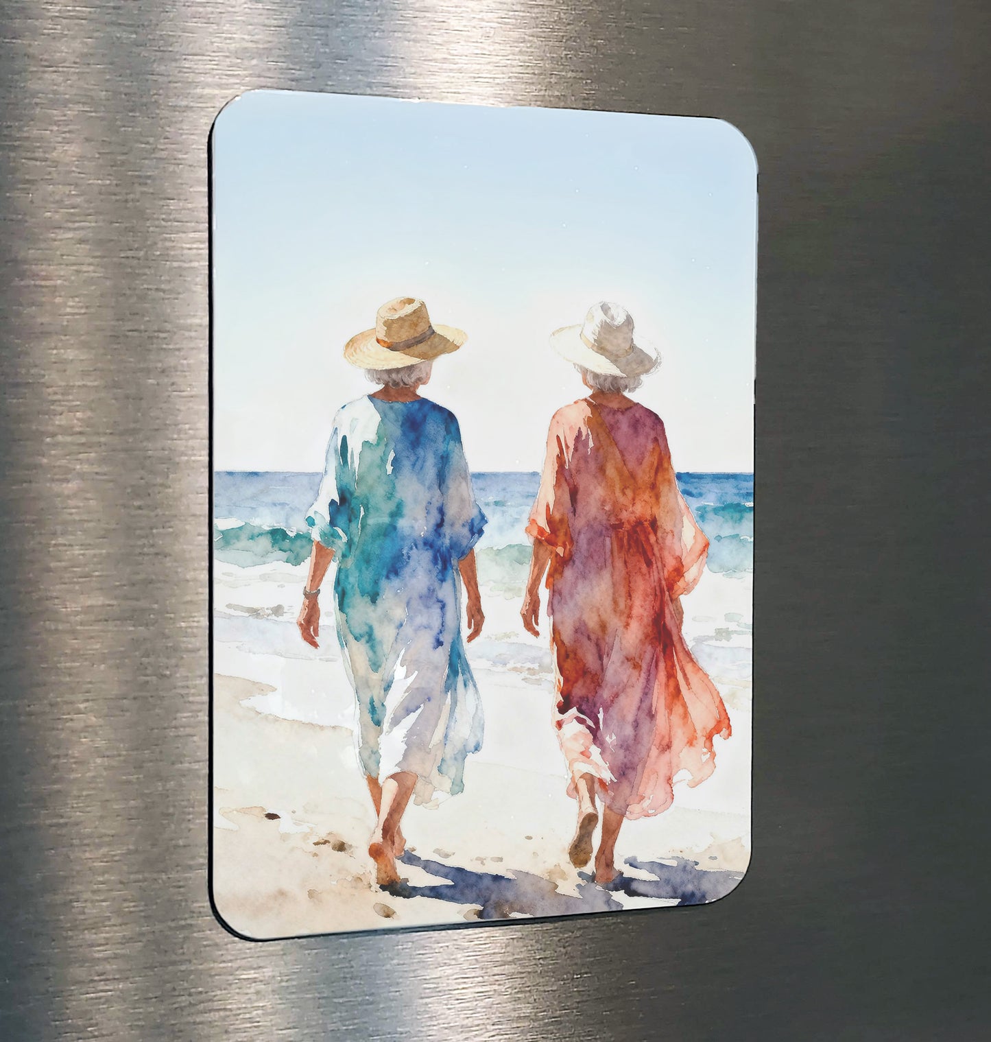 Time Coastal Ocean Beach Watching Waves Watercolor Style Friendship Art