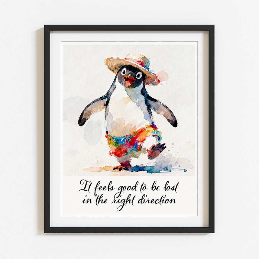 Tropicool Watercolor-Style Penguin Beach Art