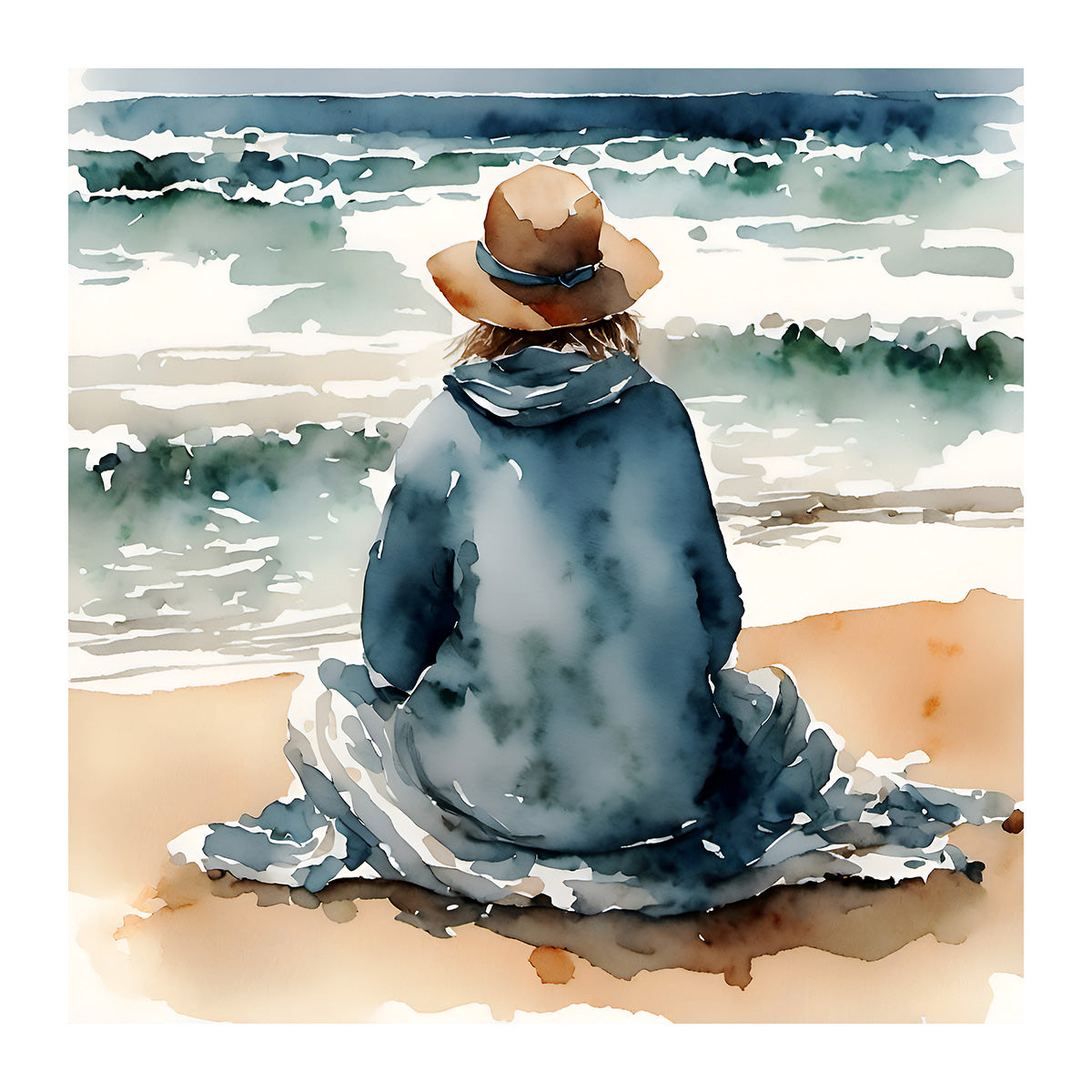 ’Waiting’ With The Ocean Original Coastal Beach Art Print Home Decor Watercolor Style Wall