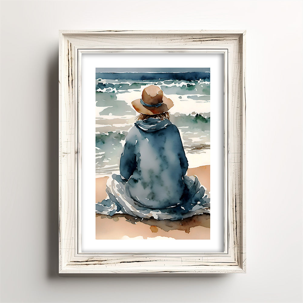 "Waiting" with the Ocean Original Coastal Beach Art Print Home Decor Watercolor Style Wall Art with Muted Colors