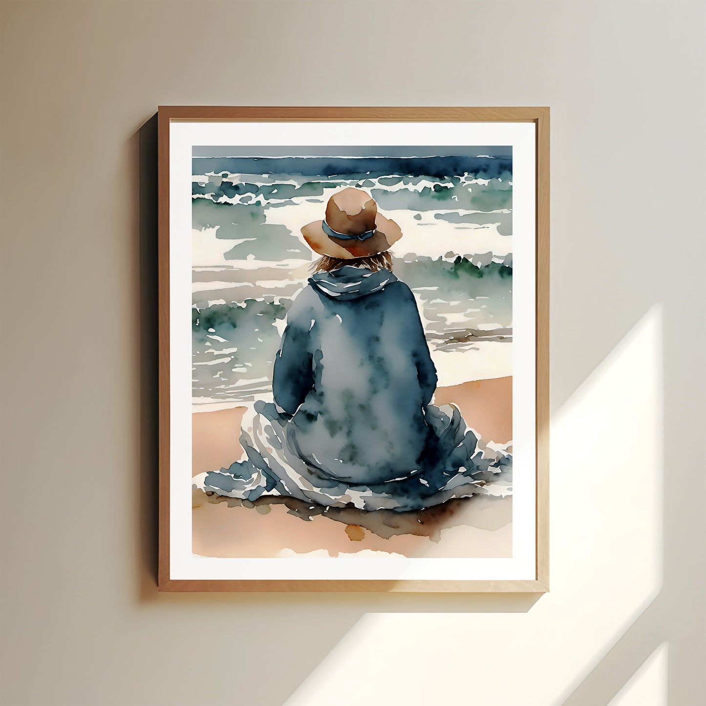"Waiting" with the Ocean Original Coastal Beach Art Print Home Decor Watercolor Style Wall Art with Muted Colors