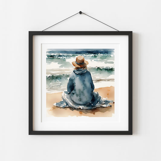 ’Waiting’ With The Ocean Original Coastal Beach Art Print Home Decor Watercolor Style Wall