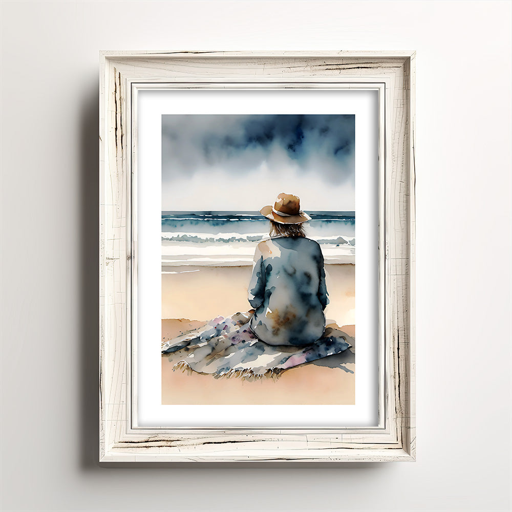 "Watchful" Coastal Ocean Beach Watching Waves Original Inch Wall Art Print Watercolor Style Home Decor