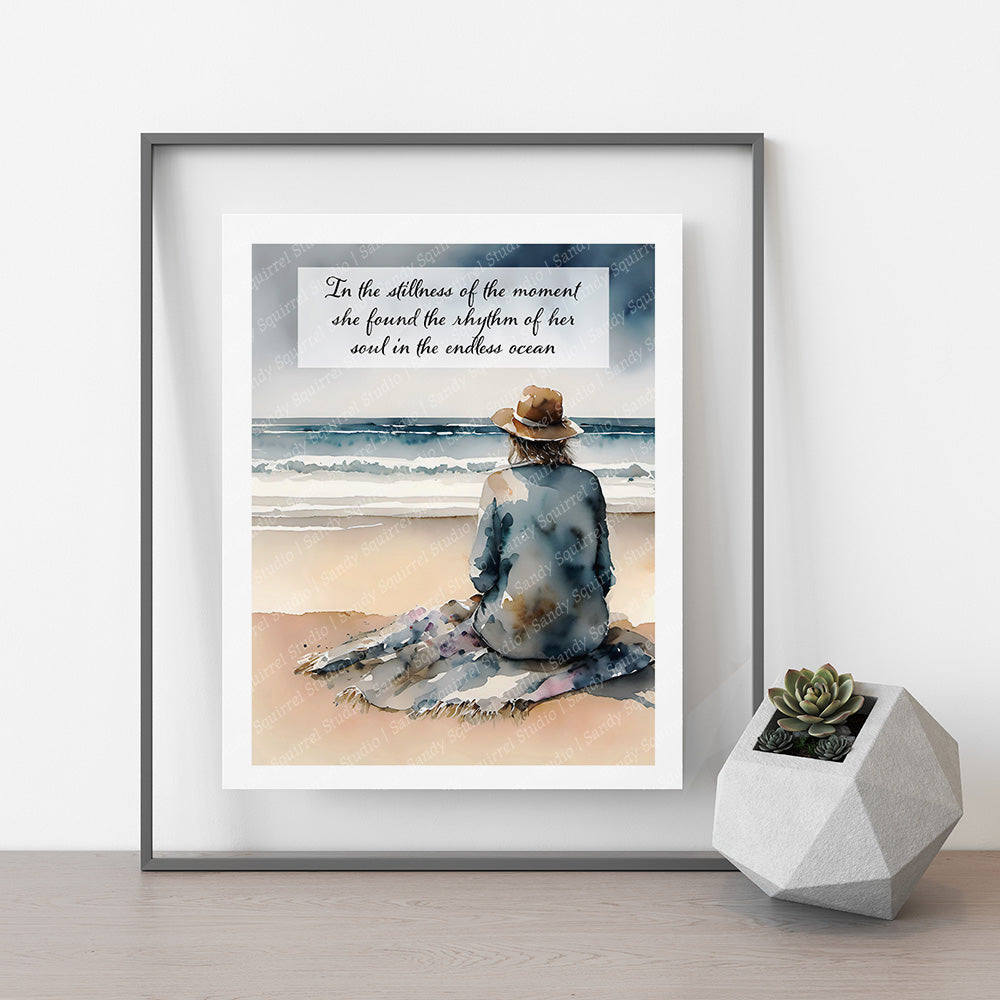 "Watchful" Coastal Ocean Beach Watching Waves Original Inch Wall Art Print Watercolor Style Home Decor