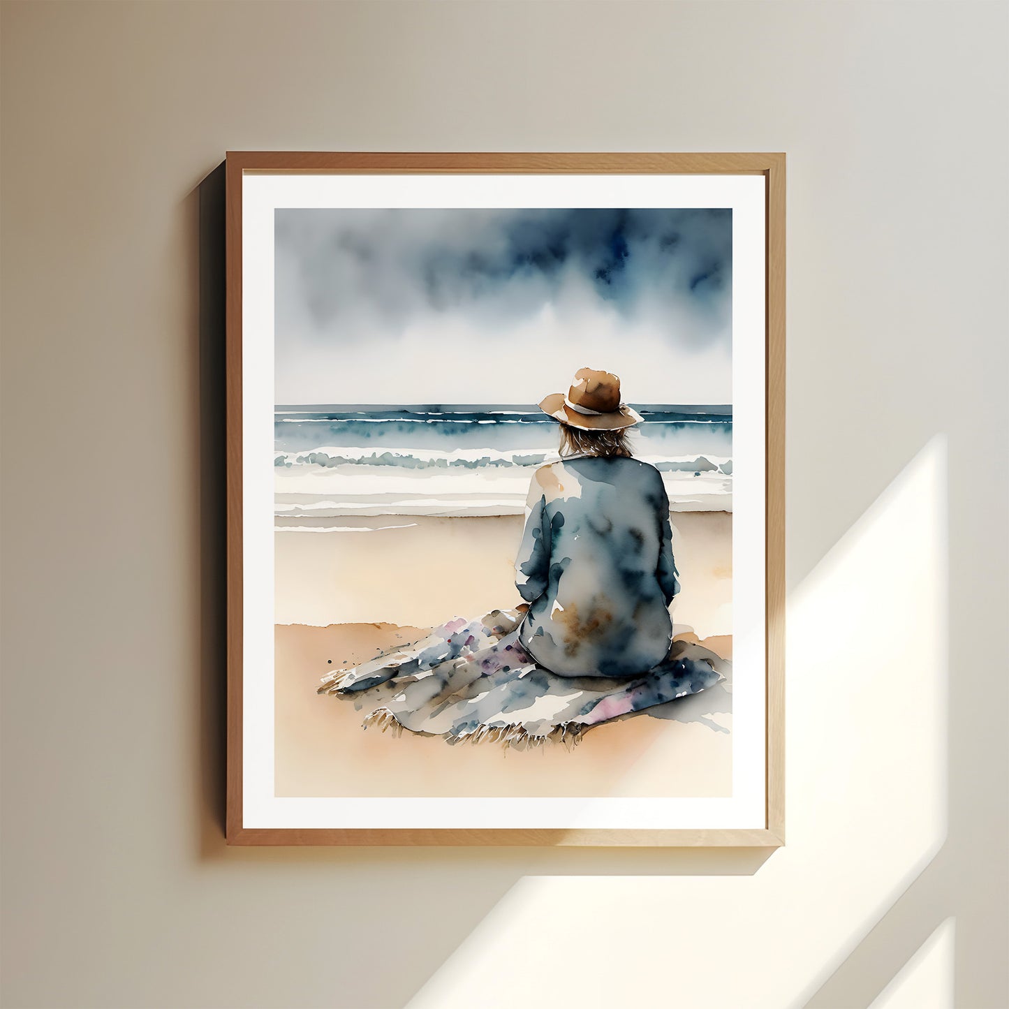 "Watchful" Coastal Ocean Beach Watching Waves Original Inch Wall Art Print Watercolor Style Home Decor