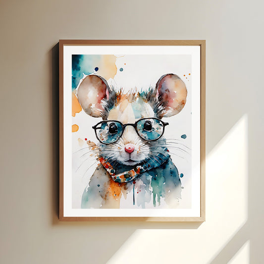 ’Whiskered Wisdom’ Original Watercolor-Style Mouse With Glasses Wall Art 8X10 Print