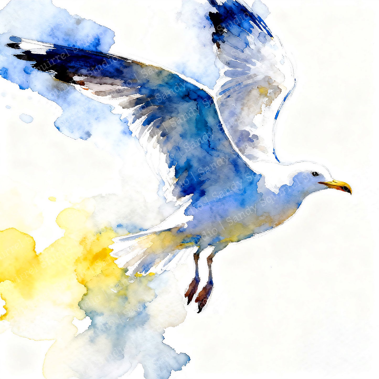 Avian Aglow Watercolor-Style Coatal Sea Gull Art