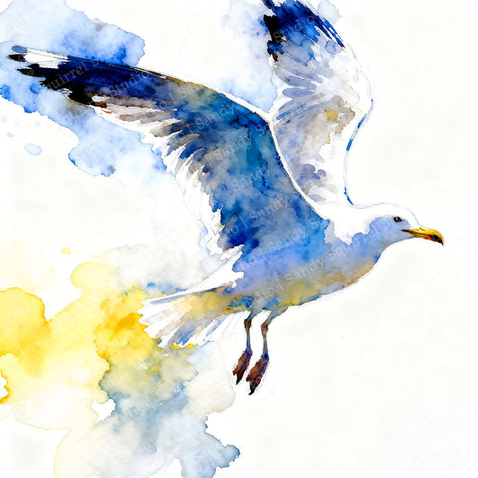Avian Aglow Watercolor-Style Coatal Sea Gull Art