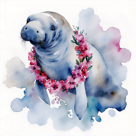 Aloha Original Watercolor Style Manatee Coastal Art