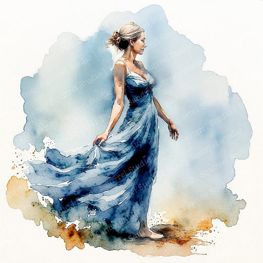 Azure Dream Watercolor Style Coastal Woman in Blue Art Print