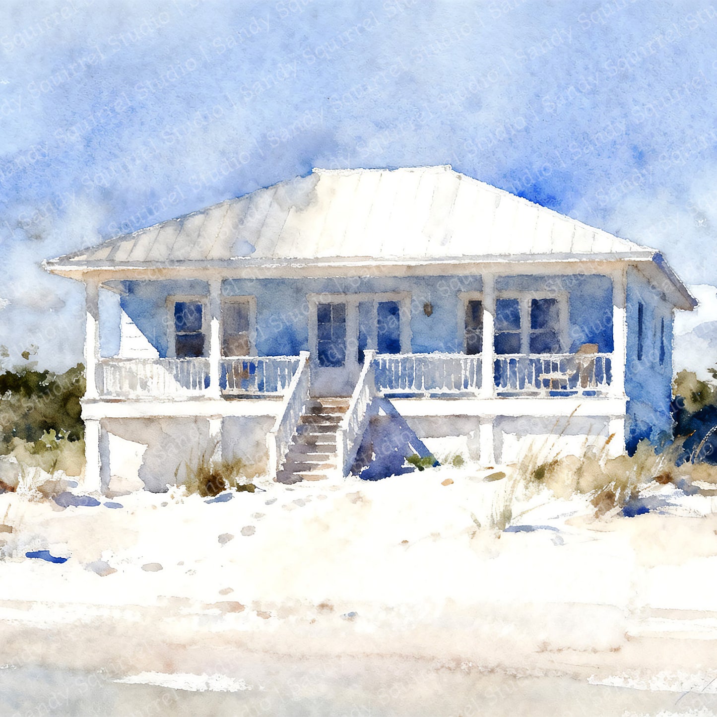 Beachy Watercolor-Style Coastal Beach House Art