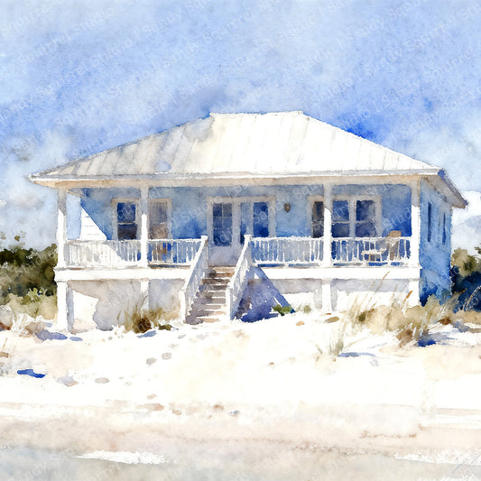 Beachy Watercolor-Style Coastal Beach House Art