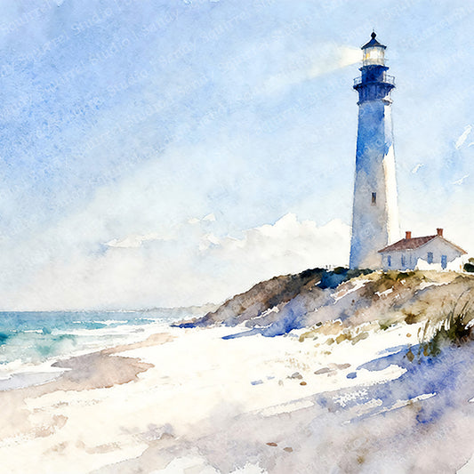 Beacon Watercolor-Style Coastal Beach Lighthouse Art