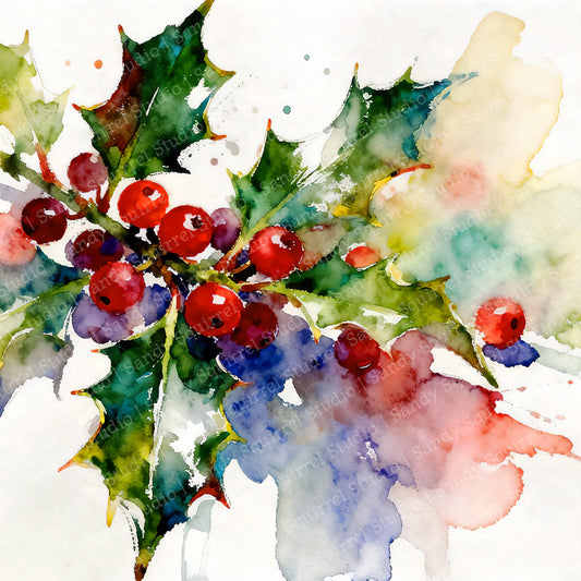 Berry Christmas Watercolor-Style Holly Christmas Art