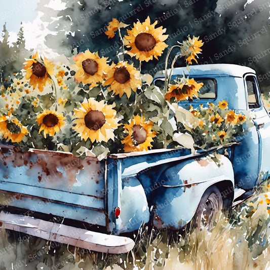 "Blue Serenity" Abandoned Farm Truck Filled with Sunflowers Original Rural Art Print Home Decor Watercolor Style Wall Art with Muted Colors