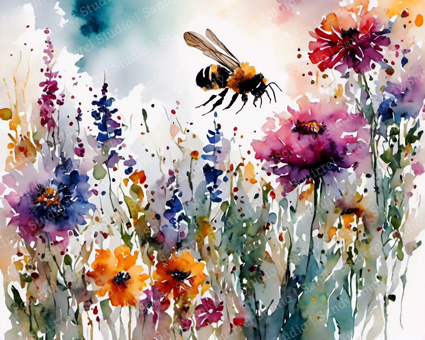 "Busy Bee" Original Floral Art Watercolor-Style