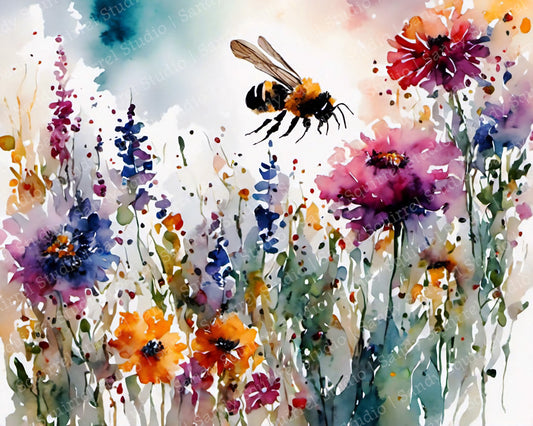 "Busy Bee" Original Floral Art Watercolor-Style