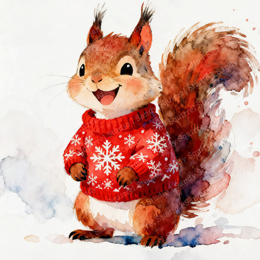 Christmas Cozy Original Watercolor-Style Squirrel Christmas Sweater Art