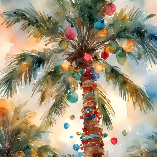 Christmas Explosion Watercolor-Style Palm Christmas Ornament Art