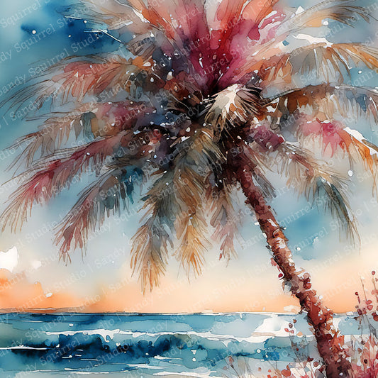 Christmas Glow Watercolor-Style Coastal Palm Tree Art