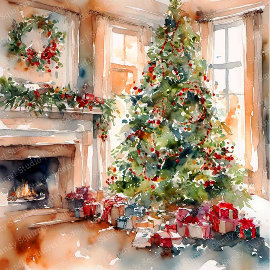 Christmas Morning Watercolor-Style Christmas Tree Art