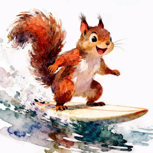Cowabunga Watercolor-Style Surfing Squirrel Art
