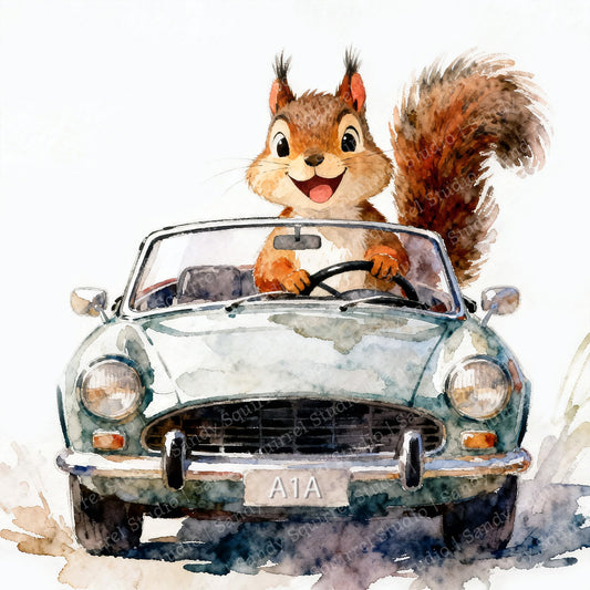 Cruisin' Watercolor-Style Squirrel Art