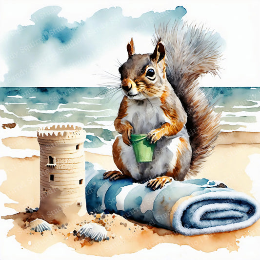 Day at the Beach Original Watercolor-Style Squirrel Wall Art