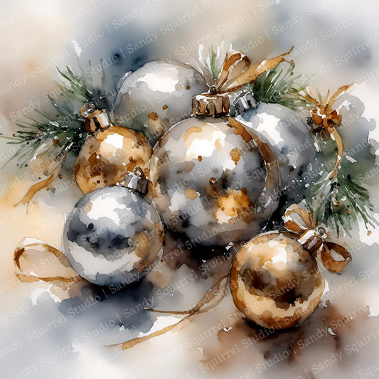 Festive Baubles Watercolor-Style Christmas Ornament Art