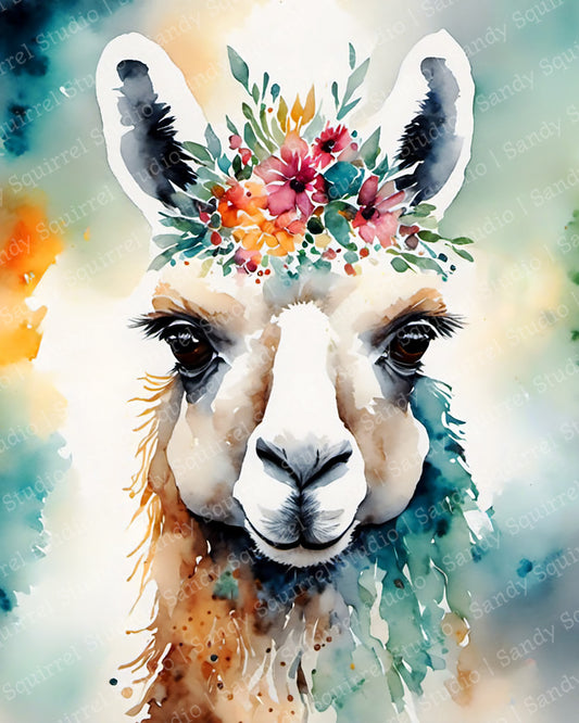 "Floral Whimsy" Original Watercolor-Style Llama Wall Art