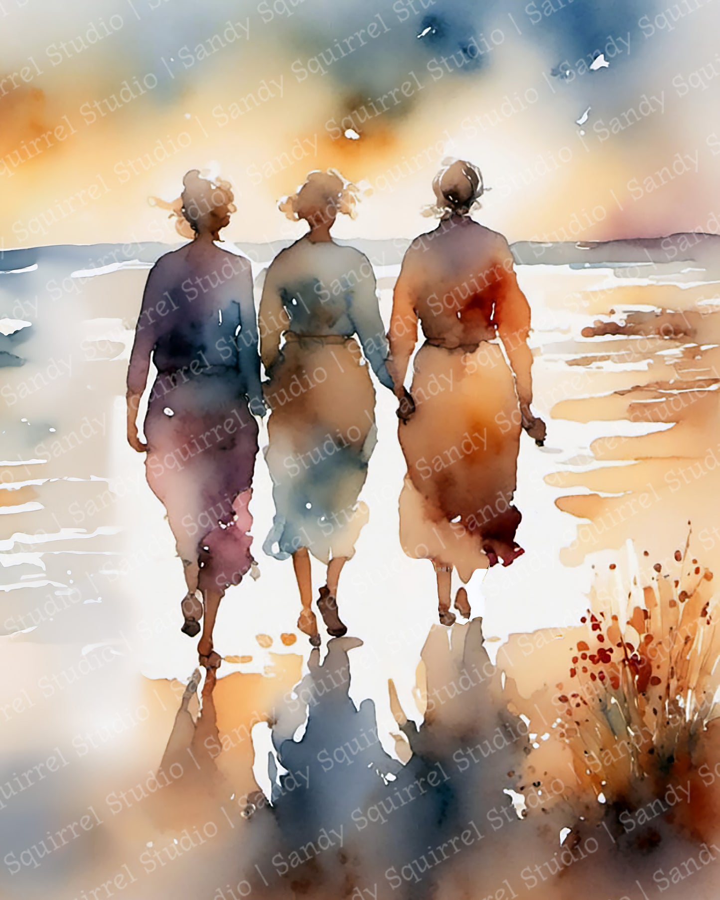 Friends Original Women on the Beach Wall Art Print Watercolor Style Home Decor