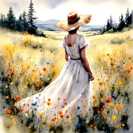 Graceful Horizons Watercolor Style Woman in Meadow Art Print
