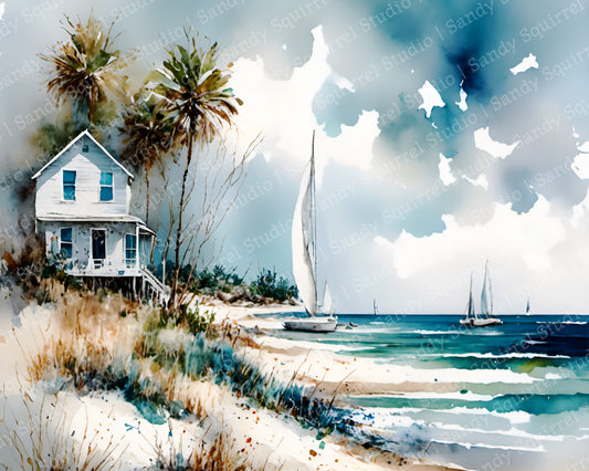 Grounded Coastal Ocean Beach Beach House and Sailboats Original 10×8 Inch Wall Art Print Watercolor Style Home Decor