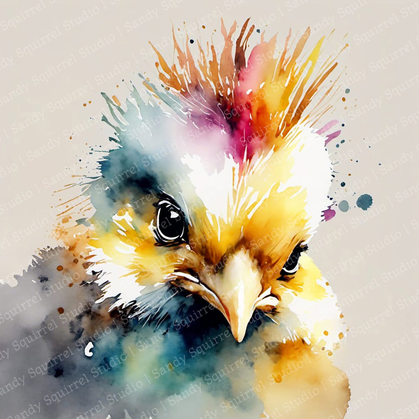 "Hawk" Original Chicken with Mohawk Art Print Home Decor Watercolor Style Wall Art with Muted Colors
