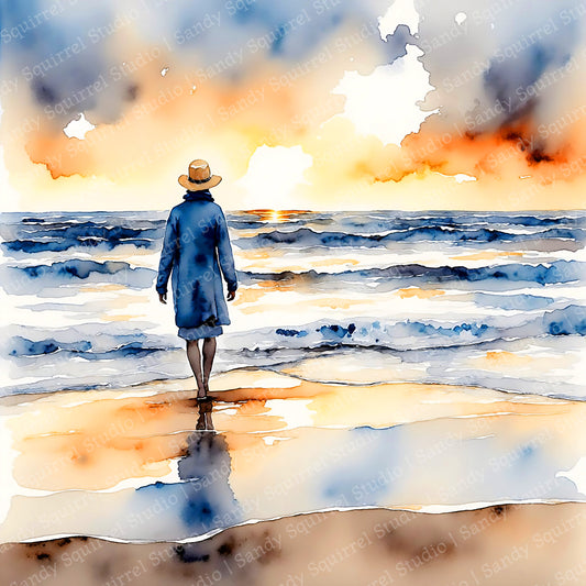 Hello World Watercolor-Style Coastal Beach Woman Art
