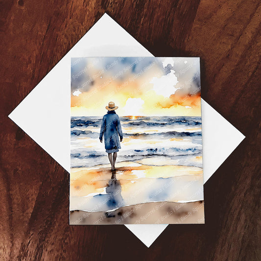 Hello World Watercolor-Style Coastal Beach Woman Art
