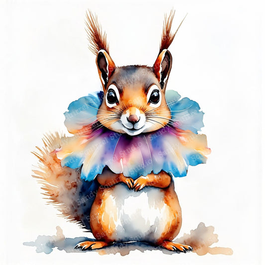 Hibiscus Whimsical Watercolor Style Squirrel