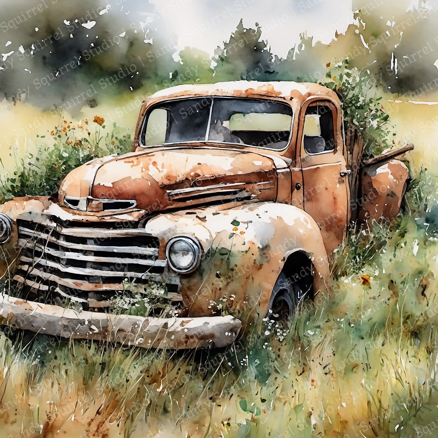 "History Ignored" Abandoned Farm Truck Original Rural Art Print Home Decor Watercolor Style Wall Art with Muted Colors